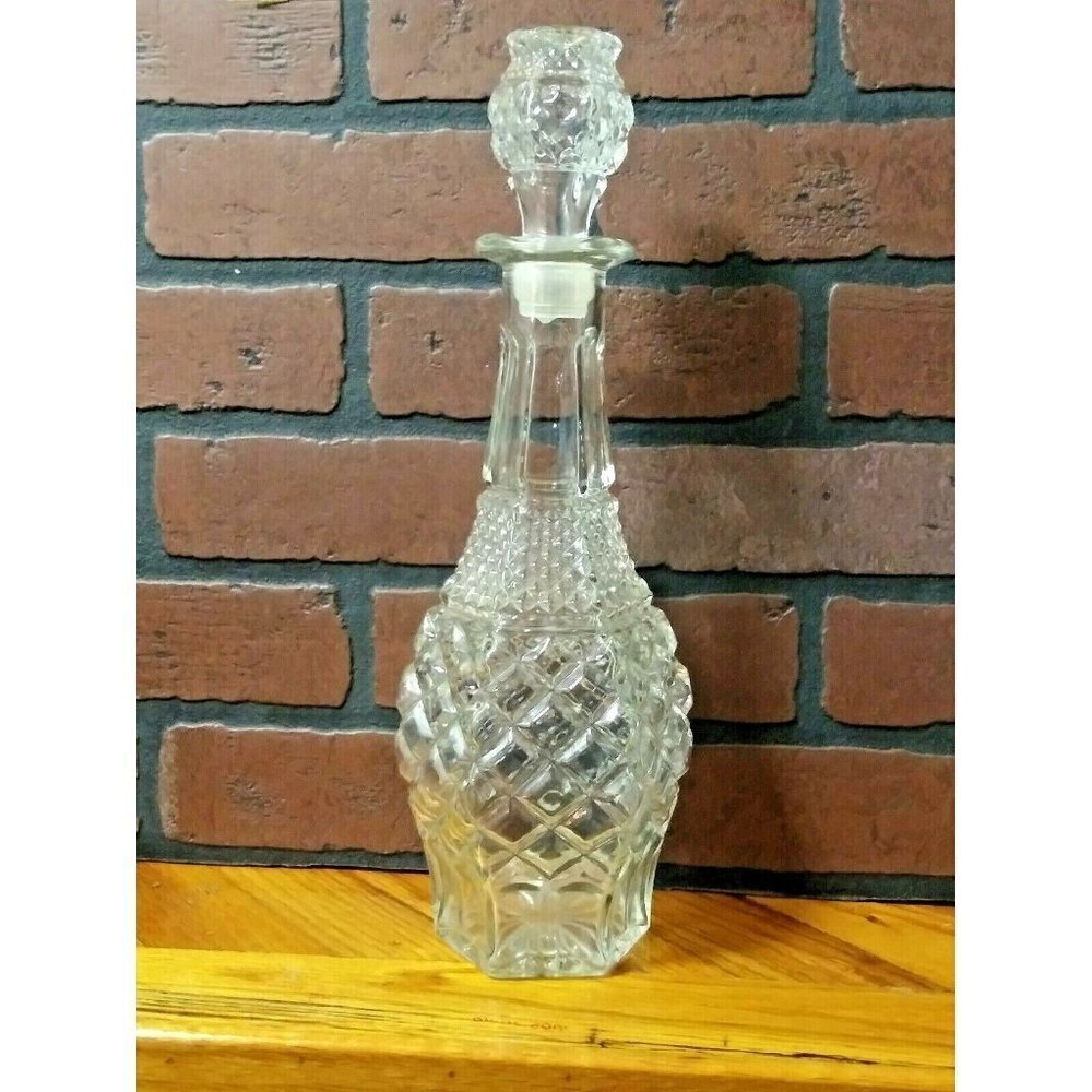 Cut Glass Decanter Full cut pattern Clear glass with stopper 15"approx EXCELLENT